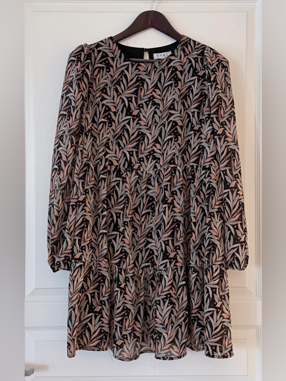 THML Black Dress with Blush Leaf Motif - Long Sleeve